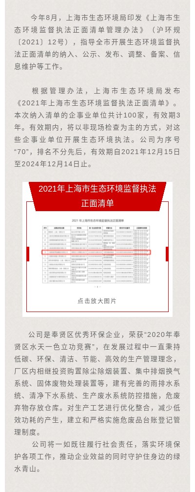 【im电竞新聞】公司列入《2021年上海市生態環境監督執法正面清單》